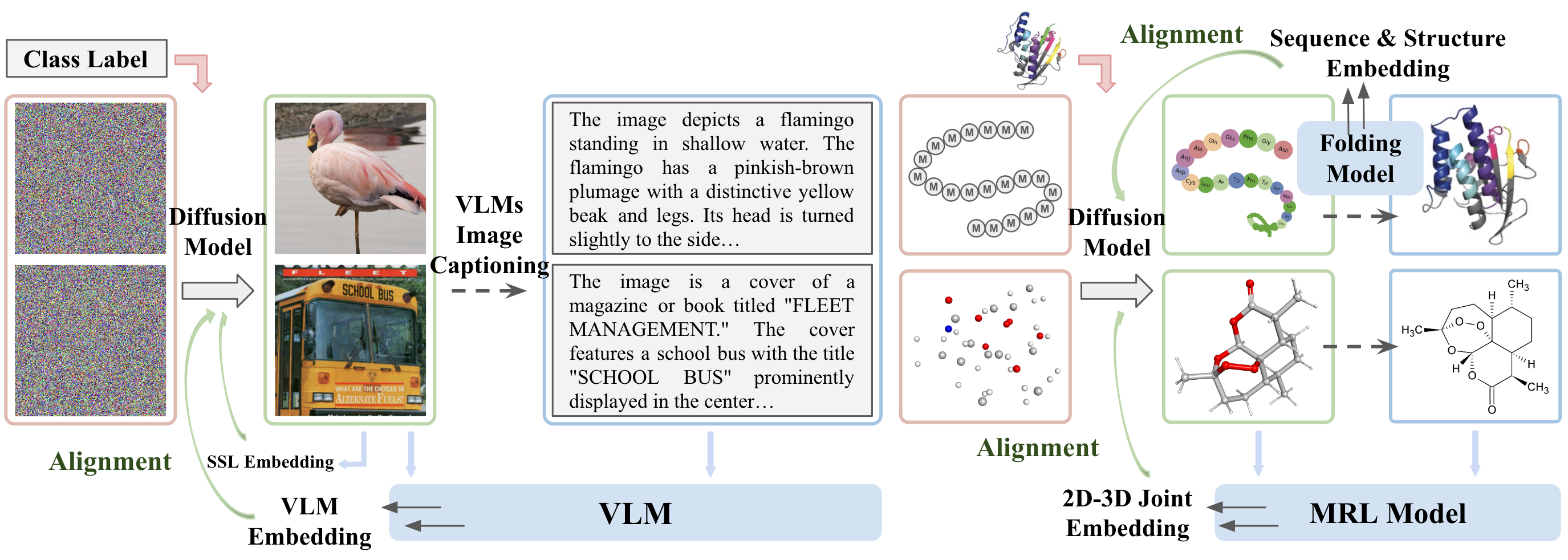 Illustration of REED's multimodal alignment framework showing image, protein, and molecule modalities